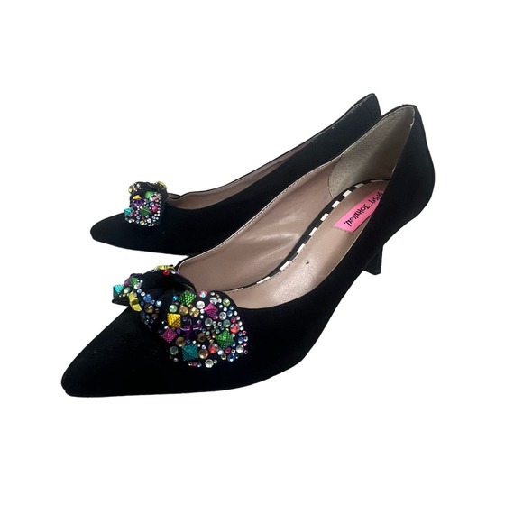 Betsy Johnson Shoes - Betsey Johnson Black Pointed Toe Kitten Heel Pumps with Multicolor Gem Bow